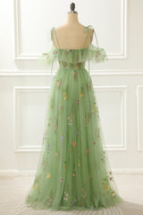 Classy Gown, A-Line Embroidery Green Prom Dress with Slit