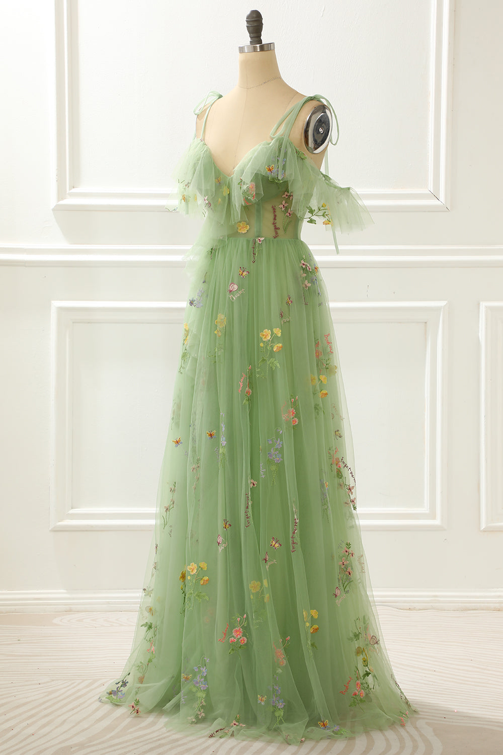 Dress Casual, A-Line Embroidery Green Prom Dress with Slit