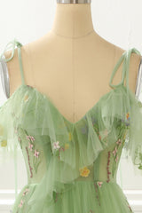 Dressy Outfit, A-Line Embroidery Green Prom Dress with Slit