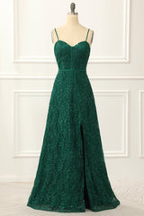 Party Dress For Wedding, Dark Green Spaghetti Straps A Line Lace Prom Dress