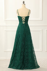 Party Dresses For Wedding, Dark Green Spaghetti Straps A Line Lace Prom Dress