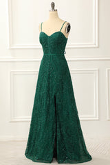 Party Dresses For Weddings, Dark Green Spaghetti Straps A Line Lace Prom Dress