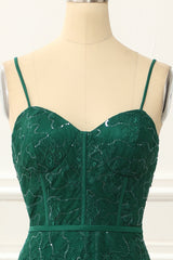 Party Dress Summer, Dark Green Spaghetti Straps A Line Lace Prom Dress