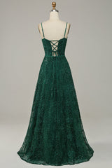 Prom Dresses With Shorts Underneath, Dark Green Lace Spaghetti Straps Corset Prom Dress