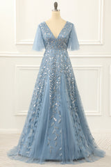 Party Dress Australian, Blue A Line Tulle Prom Dress with Lace Appliques