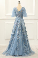 Party Dress Australia, Blue A Line Tulle Prom Dress with Lace Appliques