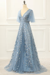 Party Dresses With Sleeves, Blue A Line Tulle Prom Dress with Lace Appliques