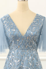 Party Dress Fall, Blue A Line Tulle Prom Dress with Lace Appliques
