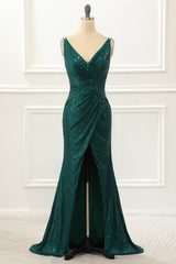 Party Dress Set, Dark Green Spaghetti Straps Saprkly Prom Dress With Slit