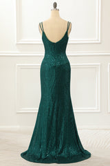 Party Dress Meaning, Dark Green Spaghetti Straps Saprkly Prom Dress With Slit