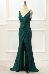 Party Dress Boho, Dark Green Spaghetti Straps Saprkly Prom Dress With Slit