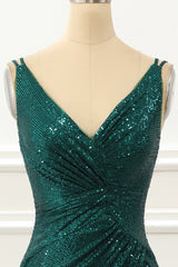 Party Dress Silk, Dark Green Spaghetti Straps Saprkly Prom Dress With Slit
