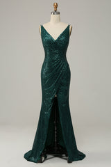 Prom Dresses Blue Long, Dark Green Sequined Spaghetti Straps Prom Dress With Slit