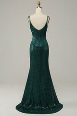Prom Dress Off The Shoulder, Dark Green Sequined Spaghetti Straps Prom Dress With Slit