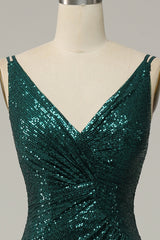 Prom Dress Long Quinceanera Dresses Tulle Formal Evening Gowns, Dark Green Sequined Spaghetti Straps Prom Dress With Slit