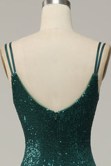 Prom Dresse Backless, Dark Green Sequined Spaghetti Straps Prom Dress With Slit