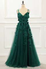 Evening Dress 2033, A Line Dark Green Tulle Prom Dress with Appliques