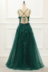Evening Dresses Australia, A Line Dark Green Tulle Prom Dress with Appliques
