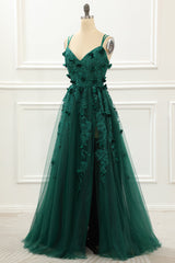 Evening Dresses Green, A Line Dark Green Tulle Prom Dress with Appliques