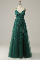 Prom Dress Bodycon, Dark Green A Line Tulle Prom Dress with Slit