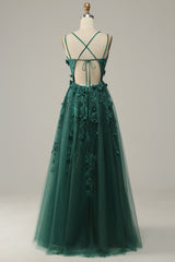 Prom Dress With Pocket, Dark Green A Line Tulle Prom Dress with Slit