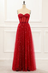 Evening Dress Open Back, Strapless Red Tulle A Line Corset Prom Dress