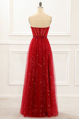 Evening Dress Green, Strapless Red Tulle A Line Corset Prom Dress