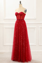 Evening Dress With Sleeve, Strapless Red Tulle A Line Corset Prom Dress