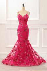 Party Outfit, Hot Pink Sequin Print Mermaid Corset Prom Dress