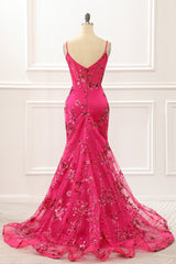 Party Dress For Girl, Hot Pink Sequin Print Mermaid Corset Prom Dress