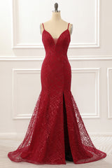Party Dress Red Colour, Dark Red Saprkly Mermaid Prom Dress With Slit