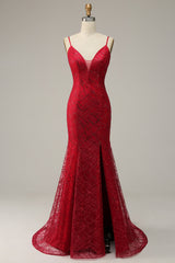 Prom Dresses Boho, Dark Red Spaghetti Straps Mermaid Prom Dress with Slit