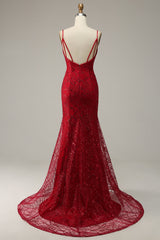 Prom Dresses For Black, Dark Red Spaghetti Straps Mermaid Prom Dress with Slit