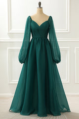 Black Tie Wedding Guest Dress, A Line Long Sleeves Prom Dress with Ruffles