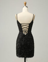Party Dress For Christmas, Black Spaghetti Straps Corset Back Sequin Homecoming Dress