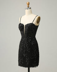 Party Dresses For Christmas, Black Spaghetti Straps Corset Back Sequin Homecoming Dress