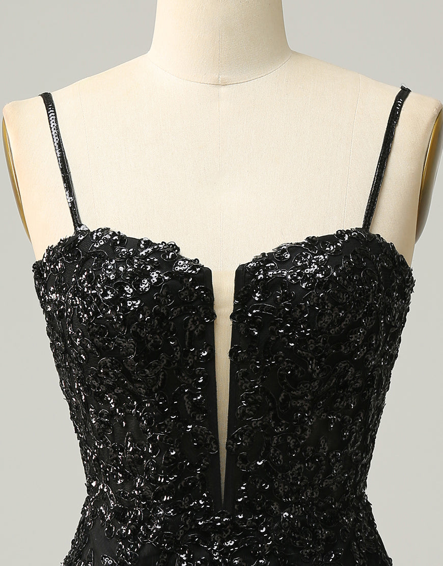 Party Dresses Christmas, Black Spaghetti Straps Corset Back Sequin Homecoming Dress