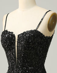 Party Dress After Wedding, Black Spaghetti Straps Corset Back Sequin Homecoming Dress