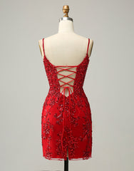 Bridesmaid Dress Design, Red Sheath Corset Back Short Sequin Homecoming Dress