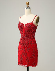 Bridesmaid Dresses Designers, Red Sheath Corset Back Short Sequin Homecoming Dress