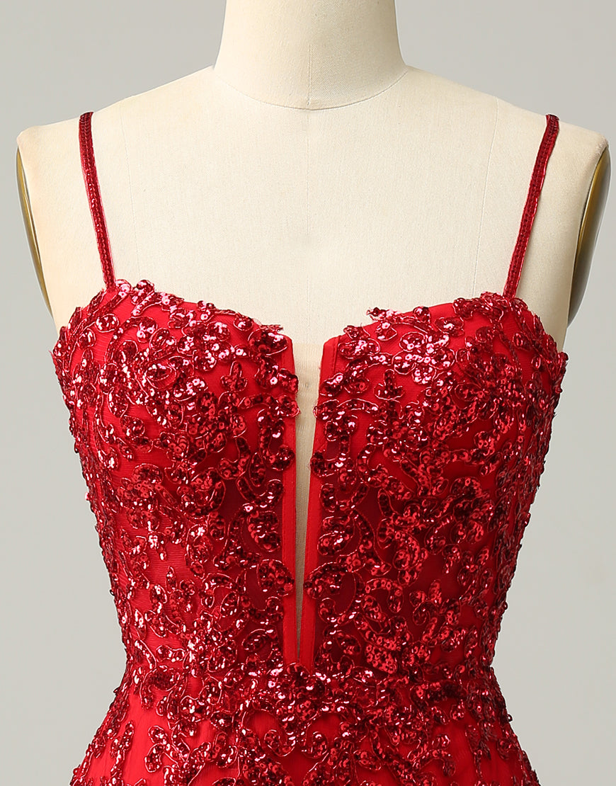 Bridesmaids Dresses Online, Red Sheath Corset Back Short Sequin Homecoming Dress
