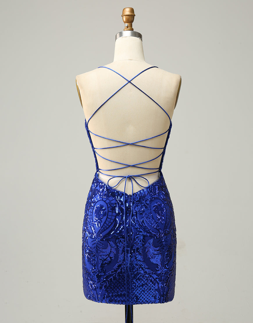Bridesmaid Dresses Color Palettes, Royal Blue V-Neck Corset Back Homecoming Dress With Sequin