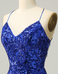 Bridesmaid Dress Color Palette, Royal Blue V-Neck Corset Back Homecoming Dress With Sequin