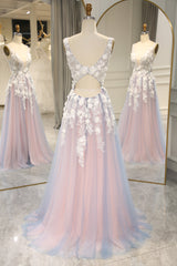 Bridesmaid Dress 2050, Romantic A-Line V-Neck Keyhole Back Long Tulle Prom Dress with Appliques