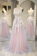 Bridesmaid Dresses Mismatched Colors, Romantic A-Line V-Neck Keyhole Back Long Tulle Prom Dress with Appliques