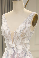 Bridesmaid Dress Shop, Romantic A-Line V-Neck Keyhole Back Long Tulle Prom Dress with Appliques