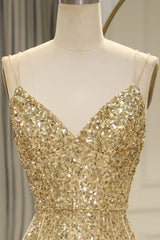 Party Dresses Sale, Gold Sequin Spaghetti Straps Lace Up Long Prom Dress with Fringe And Split