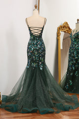 Prom Theme, Sparkly Dark Green Mermaid Spaghetti Straps Lace Up Prom Dress With Split