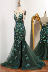 Vintage Prom Dress, Sparkly Dark Green Mermaid Spaghetti Straps Lace Up Prom Dress With Split