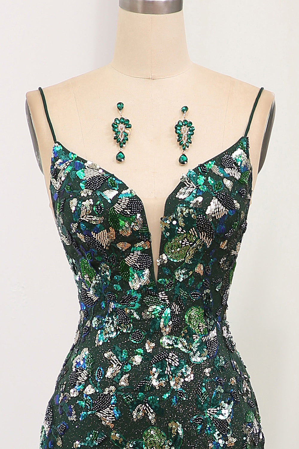 Pretty Dress, Sparkly Dark Green Mermaid Spaghetti Straps Lace Up Prom Dress With Split
